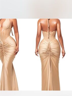 Elegant Champagne Ruched Satin Evening Dress